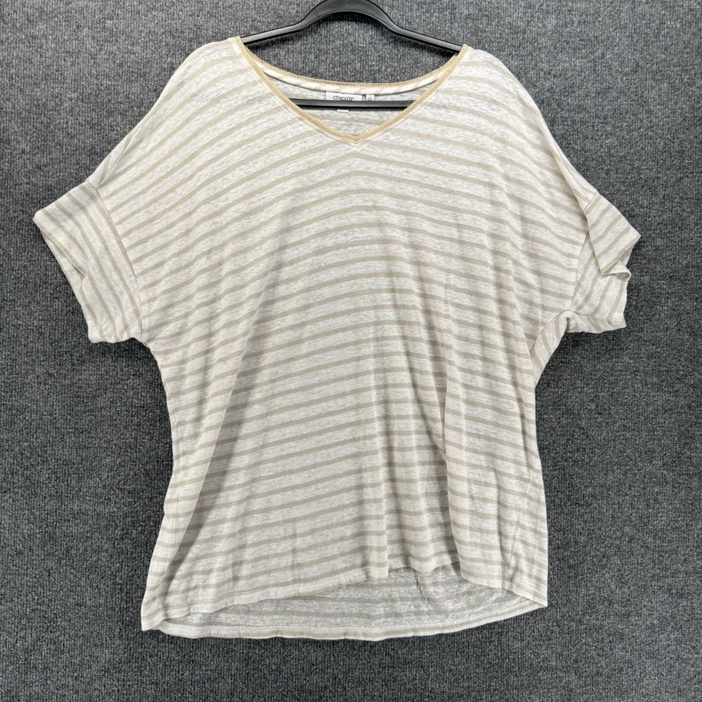 Chicos Top Womens 2XL 100% Linen Cream Striped V-Neck Preppy Nautical Casual